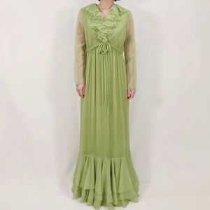 1970s Miss Elliette Chiffon Green Maxi Dress